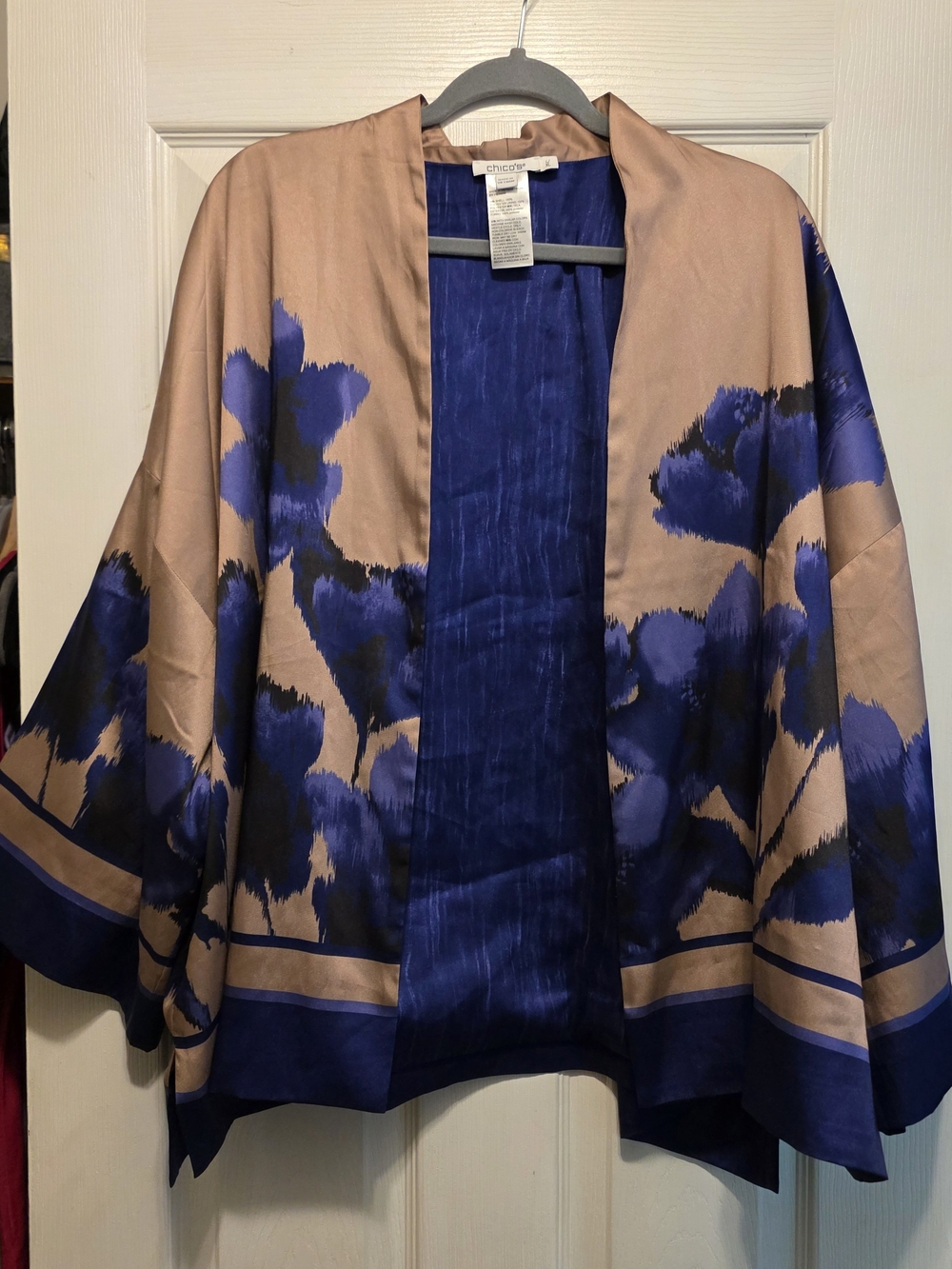 Chico's Bronze and Berry Indigo Floral Open Kimono Jacket, Sz L/XL